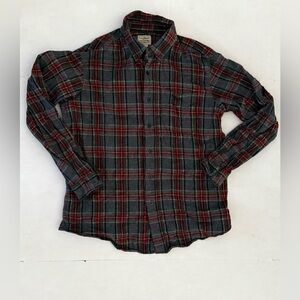 LL Bean Shirt Mens Medium Gray Red Green Plaid Flannel Traditional Fit Outdoor
